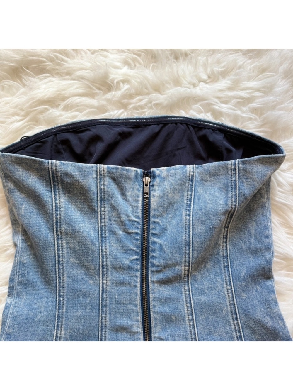 New! Alice + Olivia Palmer Strapless Bodycon Denim Mini Dress - Picture 9 of 11